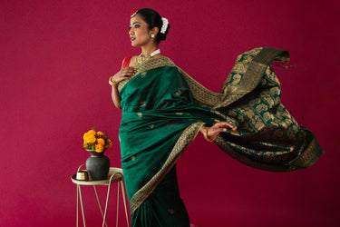 ShopNaya Exclusive | Pure Mulberry Silk Saree | Green | Light Weight | Gold Zari | Handwoven | Ships from California | Anamniya